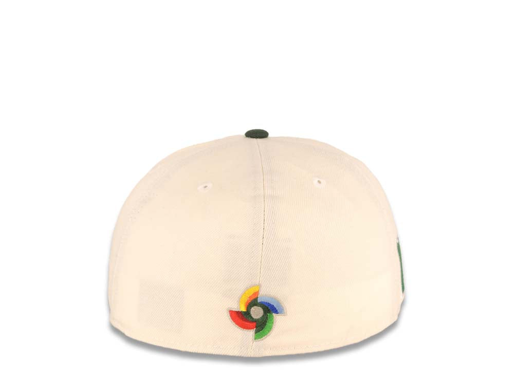 Mexico New Era WBC World Baseball Classic 59FIFTY 5950 Fitted Cap Hat Cream Crown Dark Green Visor Team Color Logo Mexico Flag Side Patch Gray UV