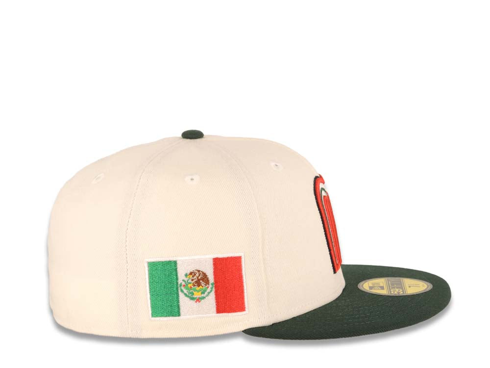 Mexico New Era WBC World Baseball Classic 59FIFTY 5950 Fitted Cap Hat Cream Crown Dark Green Visor Team Color Logo Mexico Flag Side Patch Gray UV