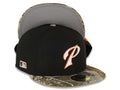 San Diego Padres New Era MLB 59FIFTY 5950 Fitted Cap Hat Black Crown Real Tree Edge Camo Visor White/Orange P Logo MLB Batterman Batty Side Patch