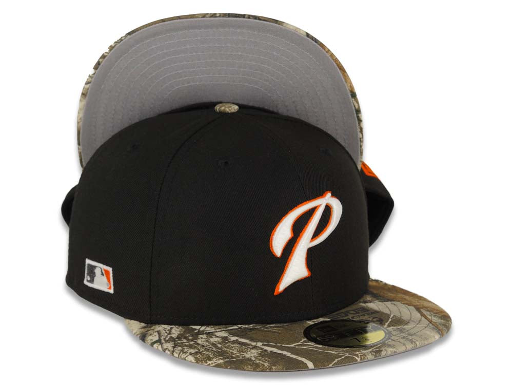 San Diego Padres New Era MLB 59FIFTY 5950 Fitted Cap Hat Black Crown Real Tree Edge Camo Visor White/Orange P Logo MLB Batterman Batty Side Patch