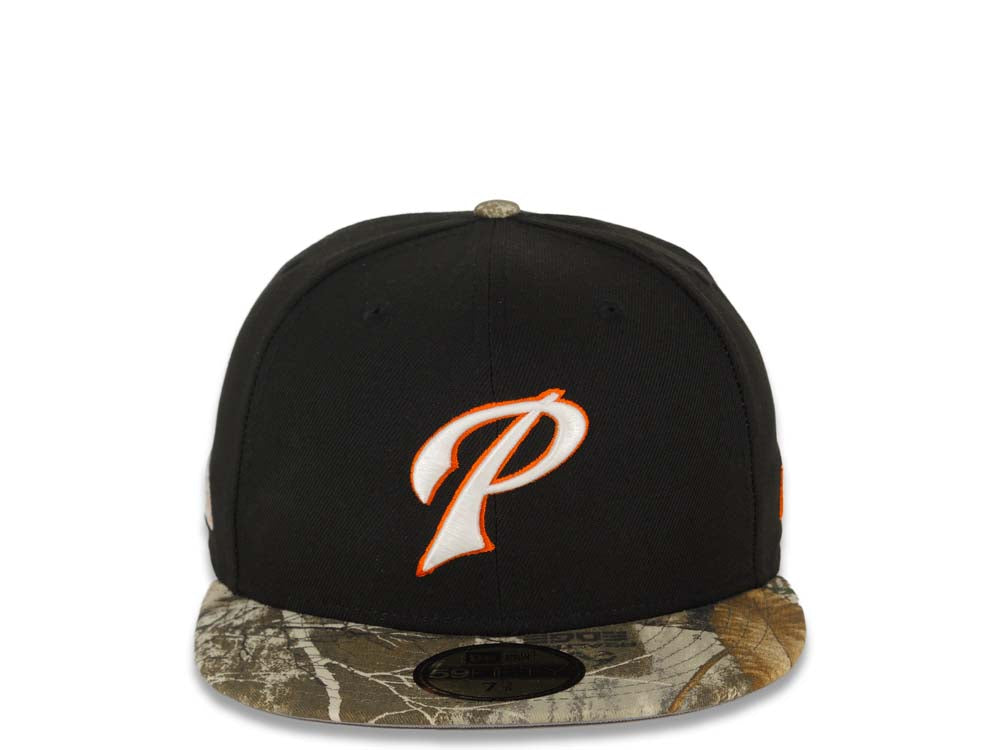 San Diego Padres New Era MLB 59FIFTY 5950 Fitted Cap Hat Black Crown Real Tree Edge Camo Visor White/Orange P Logo MLB Batterman Batty Side Patch