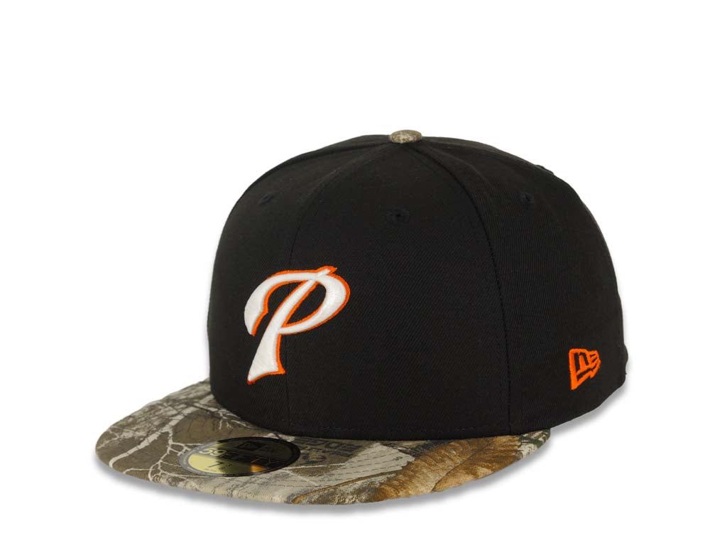 San Diego Padres New Era MLB 59FIFTY 5950 Fitted Cap Hat Black Crown Real Tree Edge Camo Visor White/Orange P Logo MLB Batterman Batty Side Patch