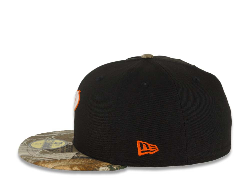 San Diego Padres New Era MLB 59FIFTY 5950 Fitted Cap Hat Black Crown Real Tree Edge Camo Visor White/Orange P Logo MLB Batterman Batty Side Patch
