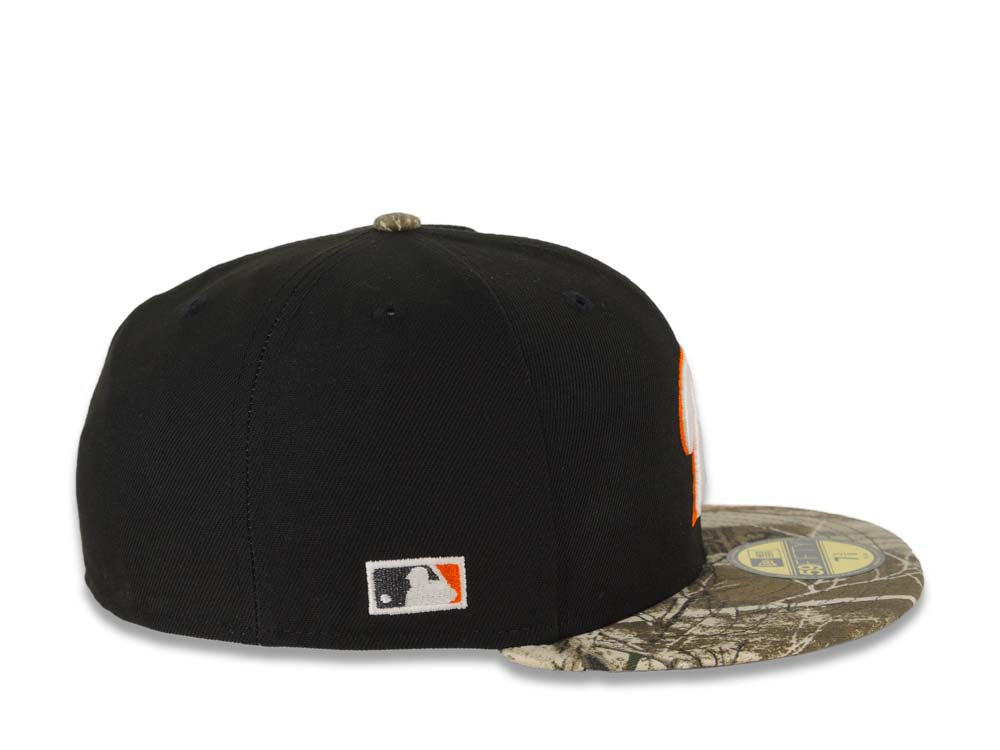San Diego Padres New Era MLB 59FIFTY 5950 Fitted Cap Hat Black Crown Real Tree Edge Camo Visor White/Orange P Logo MLB Batterman Batty Side Patch