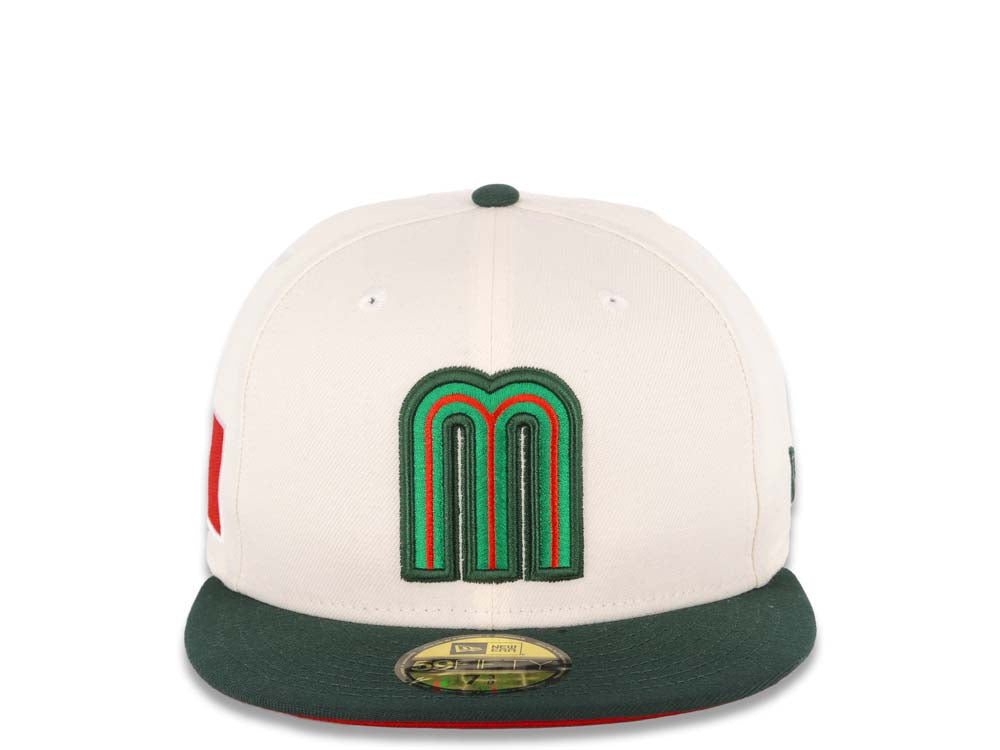 Mexico New Era WBC World Baseball Classic 59FIFTY 5950 Fitted Cap Hat Cream Crown Dark Green Visor Green/Red Logo Mexico Flag Side Patch Red UV