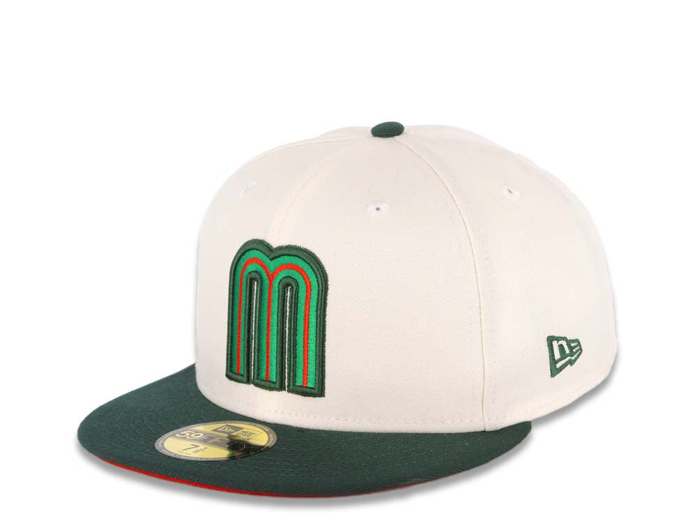 Mexico New Era WBC World Baseball Classic 59FIFTY 5950 Fitted Cap Hat Cream Crown Dark Green Visor Green/Red Logo Mexico Flag Side Patch Red UV