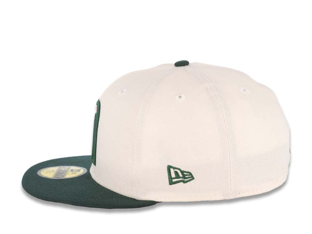 Mexico New Era WBC World Baseball Classic 59FIFTY 5950 Fitted Cap Hat Cream Crown Dark Green Visor Green/Red Logo Mexico Flag Side Patch Red UV