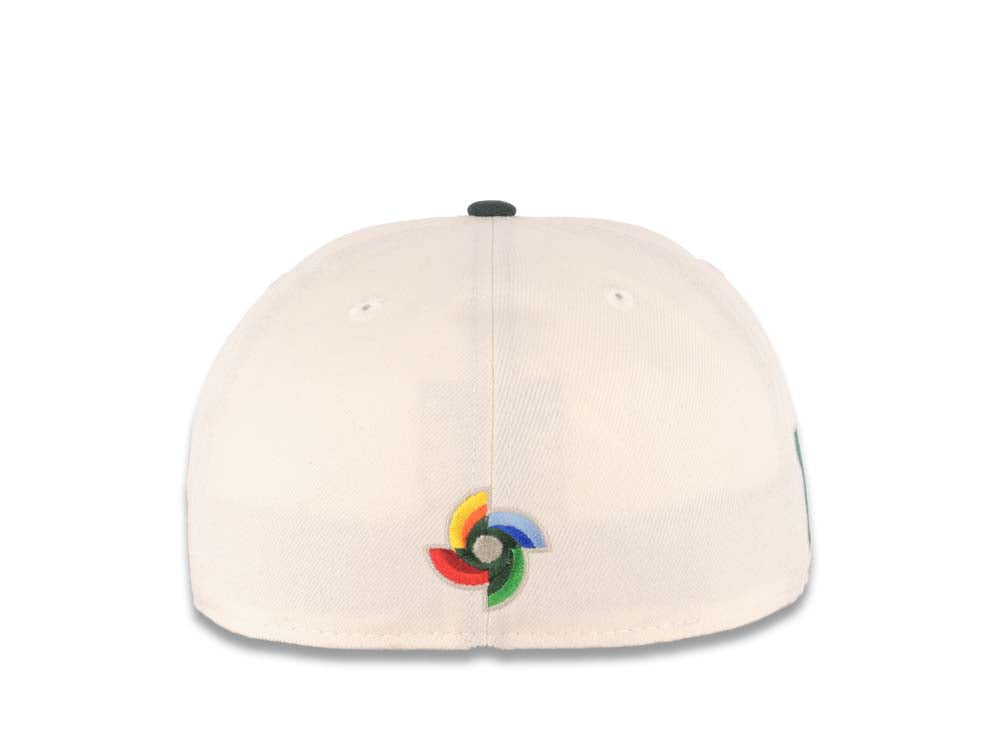 Mexico New Era WBC World Baseball Classic 59FIFTY 5950 Fitted Cap Hat Cream Crown Dark Green Visor Green/Red Logo Mexico Flag Side Patch Red UV