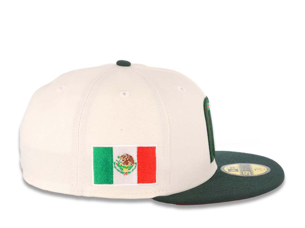 Mexico New Era WBC World Baseball Classic 59FIFTY 5950 Fitted Cap Hat Cream Crown Dark Green Visor Green/Red Logo Mexico Flag Side Patch Red UV