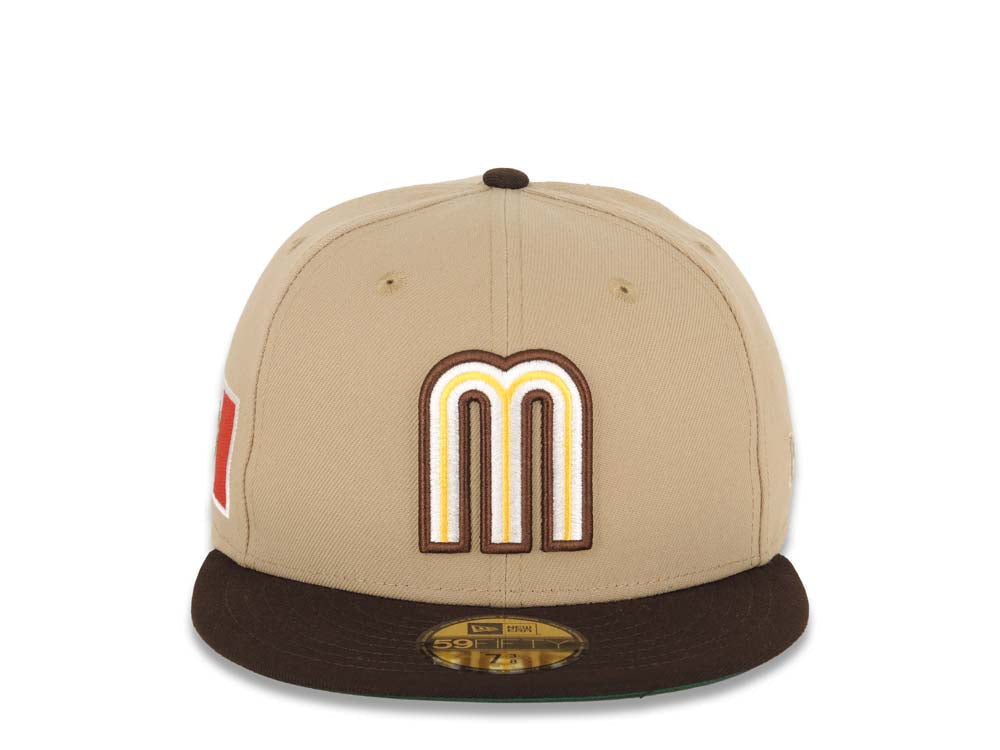 Mexico New Era WBC World Baseball Classic 59FIFTY 5950 Fitted Cap Hat Khaki Crown Dark Brown Visor White/Brown/Yellow Logo Mexico Flag Side Patch