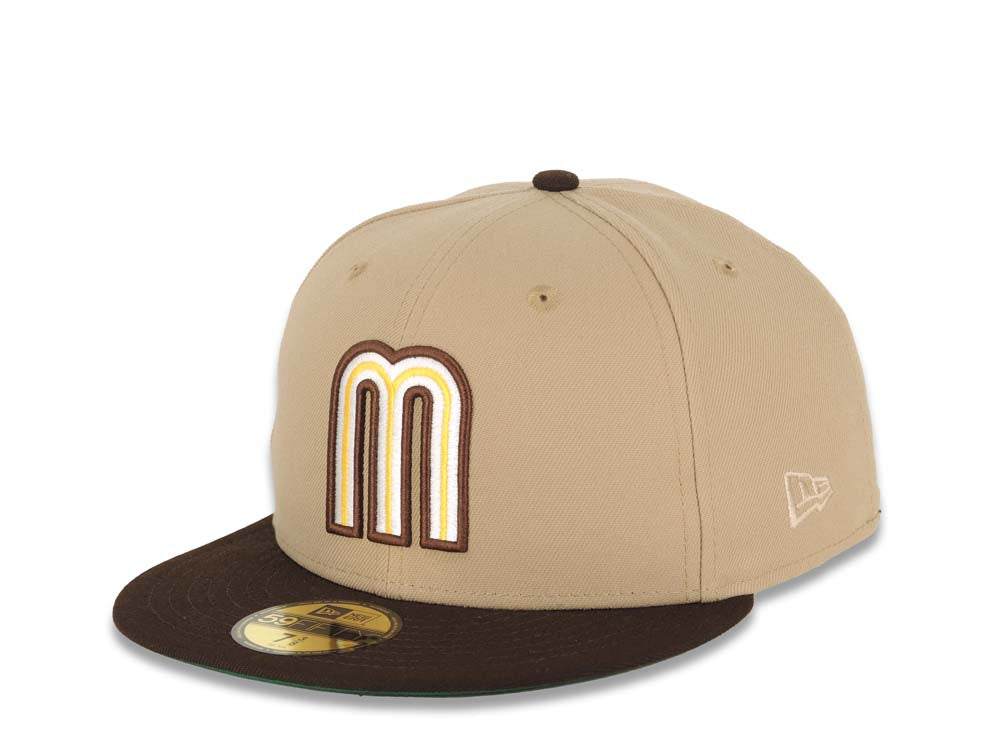 Mexico New Era WBC World Baseball Classic 59FIFTY 5950 Fitted Cap Hat Khaki Crown Dark Brown Visor White/Brown/Yellow Logo Mexico Flag Side Patch