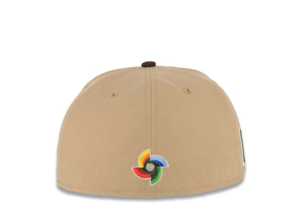Mexico New Era WBC World Baseball Classic 59FIFTY 5950 Fitted Cap Hat Khaki Crown Dark Brown Visor White/Brown/Yellow Logo Mexico Flag Side Patch
