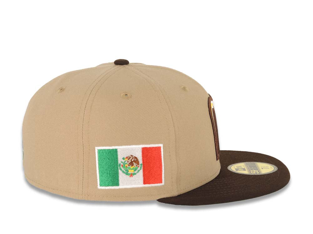 Mexico New Era WBC World Baseball Classic 59FIFTY 5950 Fitted Cap Hat Khaki Crown Dark Brown Visor White/Brown/Yellow Logo Mexico Flag Side Patch