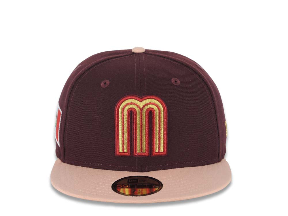 Mexico New Era WBC World Baseball Classic 59FIFTY 5950 Fitted Cap Hat Maroon Crown Light Peach Visor Metallic Gold/Red Logo Mexico Flag