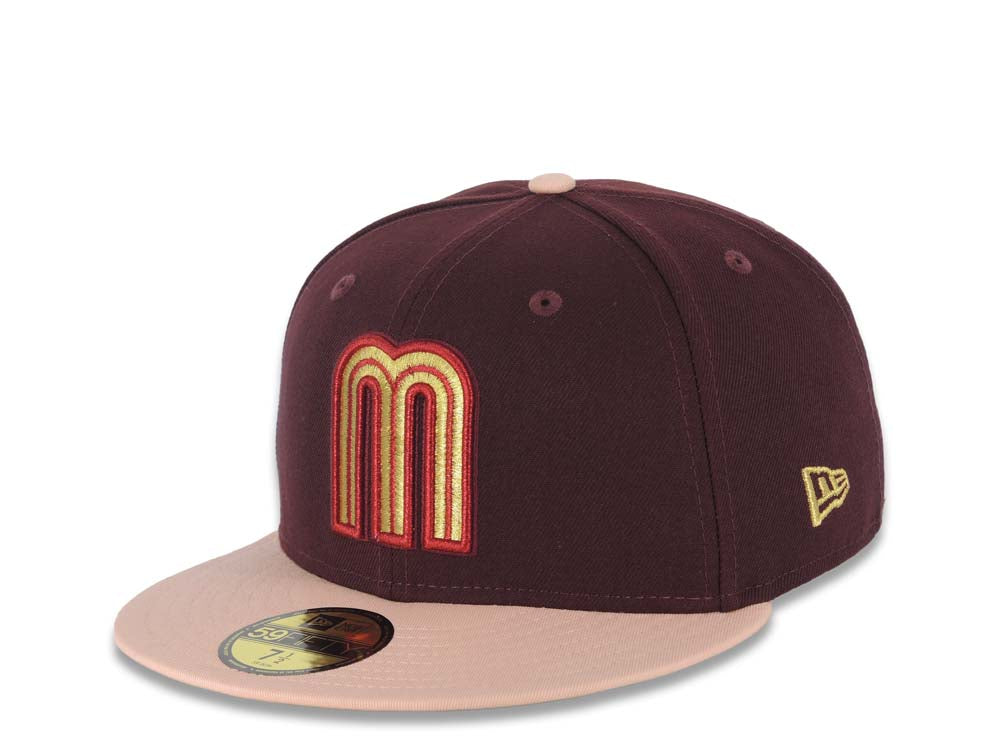 Mexico New Era WBC World Baseball Classic 59FIFTY 5950 Fitted Cap Hat Maroon Crown Light Peach Visor Metallic Gold/Red Logo Mexico Flag