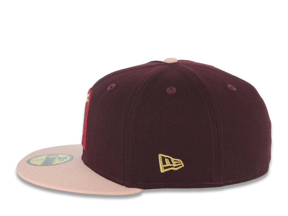 Mexico New Era WBC World Baseball Classic 59FIFTY 5950 Fitted Cap Hat Maroon Crown Light Peach Visor Metallic Gold/Red Logo Mexico Flag