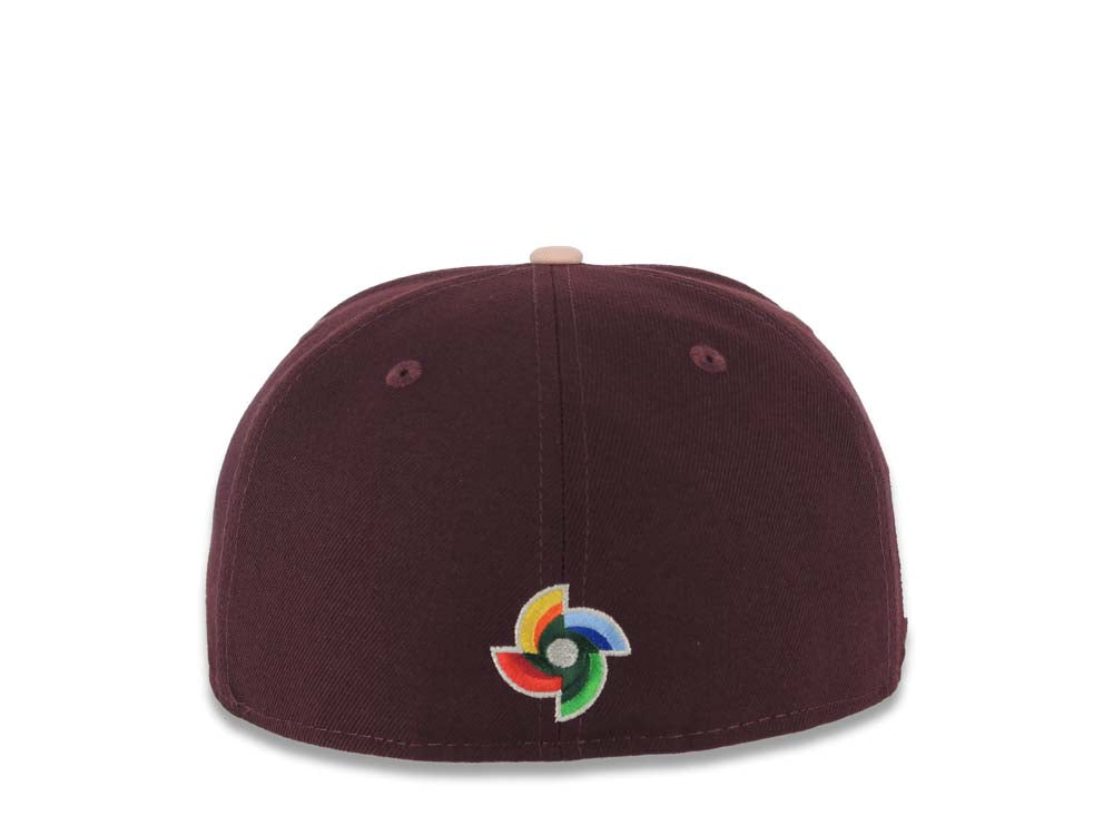 Mexico New Era WBC World Baseball Classic 59FIFTY 5950 Fitted Cap Hat Maroon Crown Light Peach Visor Metallic Gold/Red Logo Mexico Flag