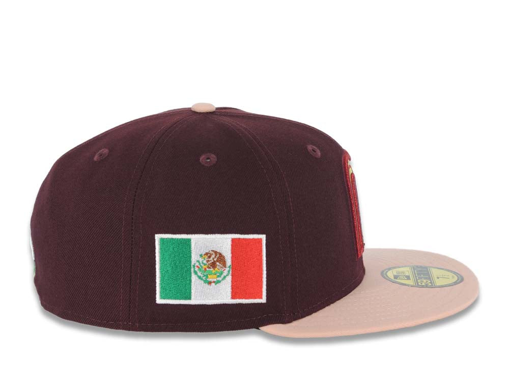 Mexico New Era WBC World Baseball Classic 59FIFTY 5950 Fitted Cap Hat Maroon Crown Light Peach Visor Metallic Gold/Red Logo Mexico Flag