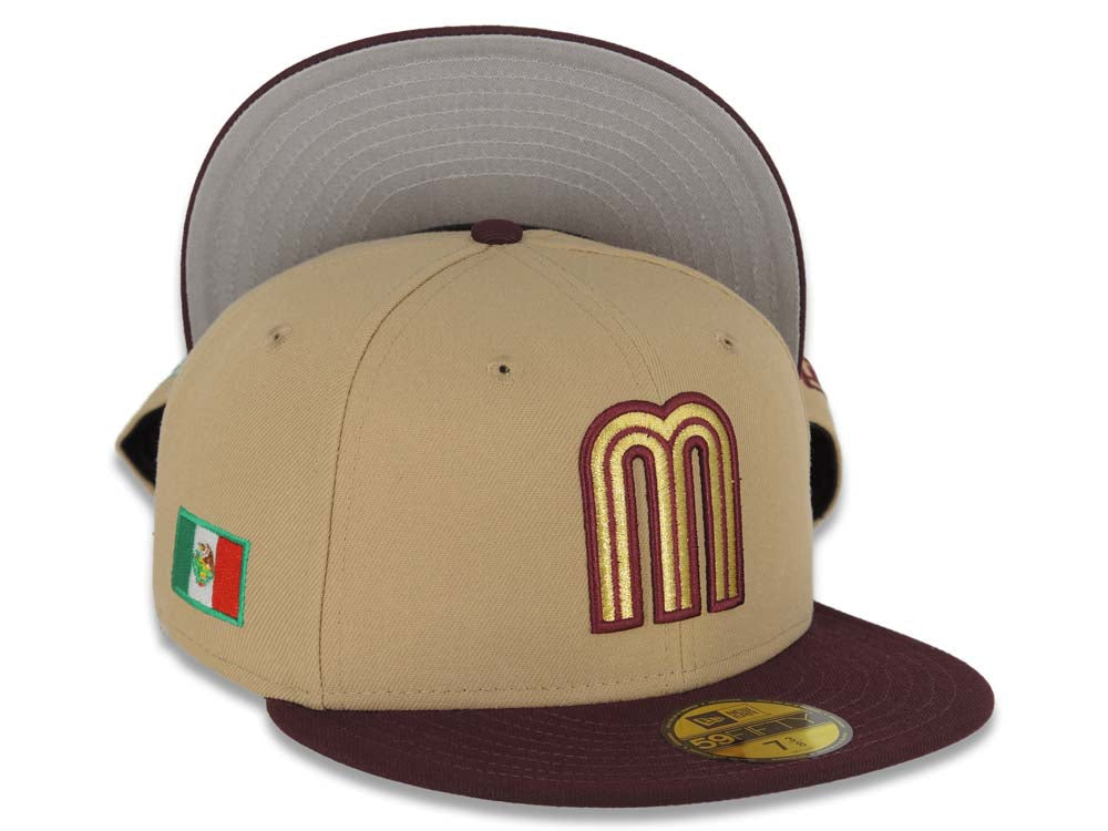 Mexico New Era 59FIFTY 5950 Fitted Cap Hat Khaki Crown Maroon Visor Metallic Gold/Maroon Logo Mexico Flag Side Patch Gray UV