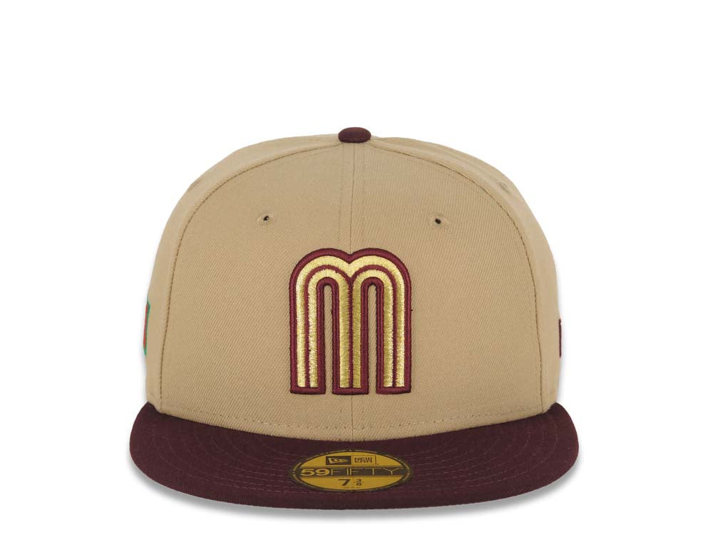 Mexico New Era 59FIFTY 5950 Fitted Cap Hat Khaki Crown Maroon Visor Metallic Gold/Maroon Logo Mexico Flag Side Patch Gray UV