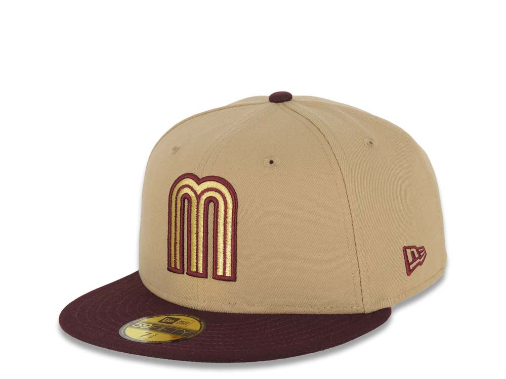 Mexico New Era 59FIFTY 5950 Fitted Cap Hat Khaki Crown Maroon Visor Metallic Gold/Maroon Logo Mexico Flag Side Patch Gray UV