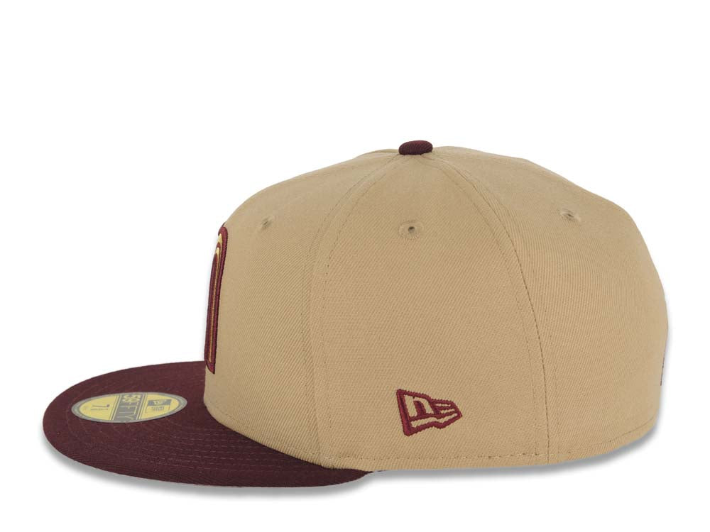Mexico New Era 59FIFTY 5950 Fitted Cap Hat Khaki Crown Maroon Visor Metallic Gold/Maroon Logo Mexico Flag Side Patch Gray UV