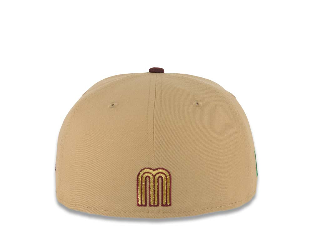 Mexico New Era 59FIFTY 5950 Fitted Cap Hat Khaki Crown Maroon Visor Metallic Gold/Maroon Logo Mexico Flag Side Patch Gray UV