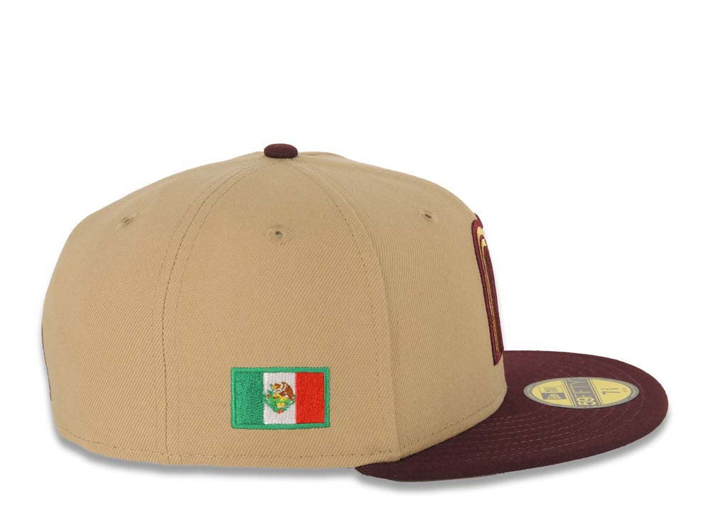 Mexico New Era 59FIFTY 5950 Fitted Cap Hat Khaki Crown Maroon Visor Metallic Gold/Maroon Logo Mexico Flag Side Patch Gray UV
