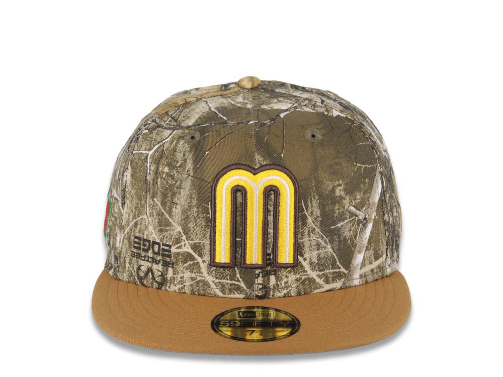 Mexico New Era 59FIFTY 5950 Fitted Cap Hat Real Tree Edge Camo Crown Light Brown Visor Yellow/White/Dark Brown Logo Mexico Flag Side Patch Gray