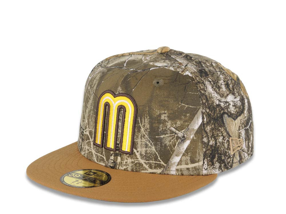 Mexico New Era 59FIFTY 5950 Fitted Cap Hat Real Tree Edge Camo Crown Light Brown Visor Yellow/White/Dark Brown Logo Mexico Flag Side Patch Gray