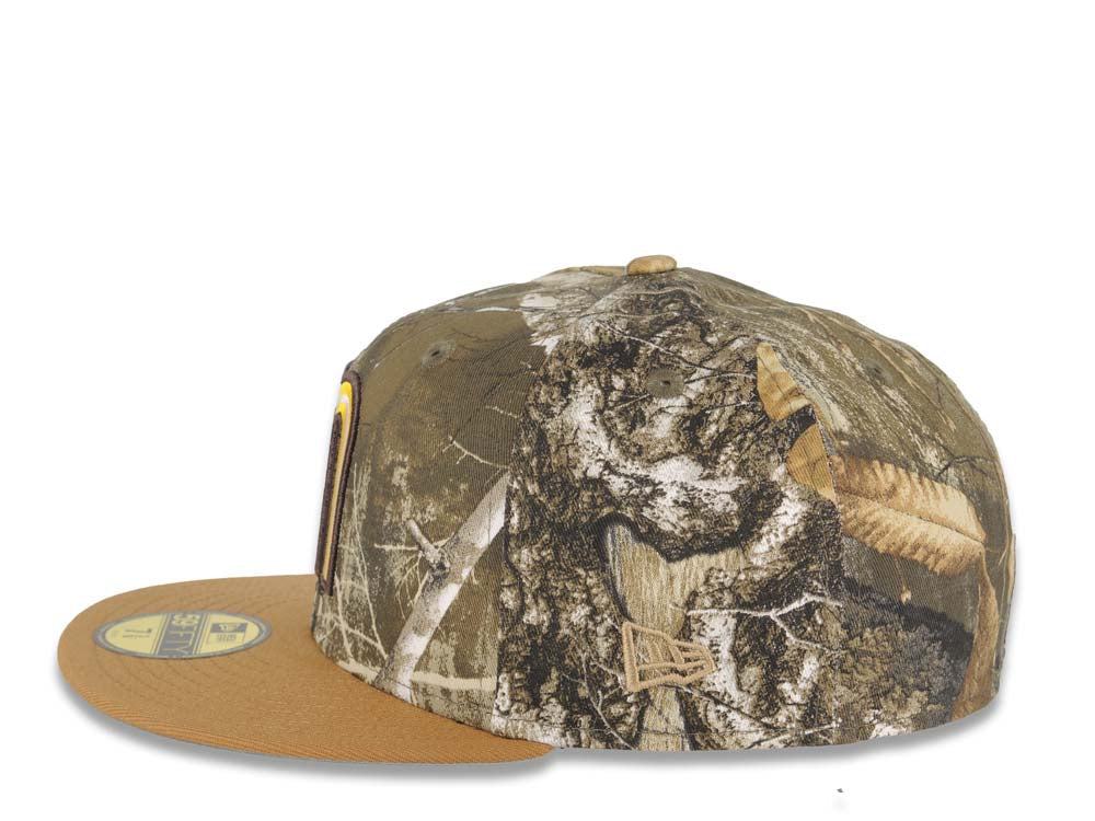 Mexico New Era 59FIFTY 5950 Fitted Cap Hat Real Tree Edge Camo Crown Light Brown Visor Yellow/White/Dark Brown Logo Mexico Flag Side Patch Gray