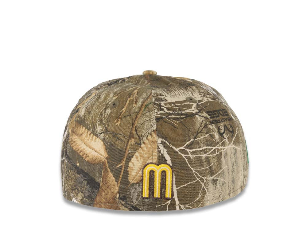 Mexico New Era 59FIFTY 5950 Fitted Cap Hat Real Tree Edge Camo Crown Light Brown Visor Yellow/White/Dark Brown Logo Mexico Flag Side Patch Gray