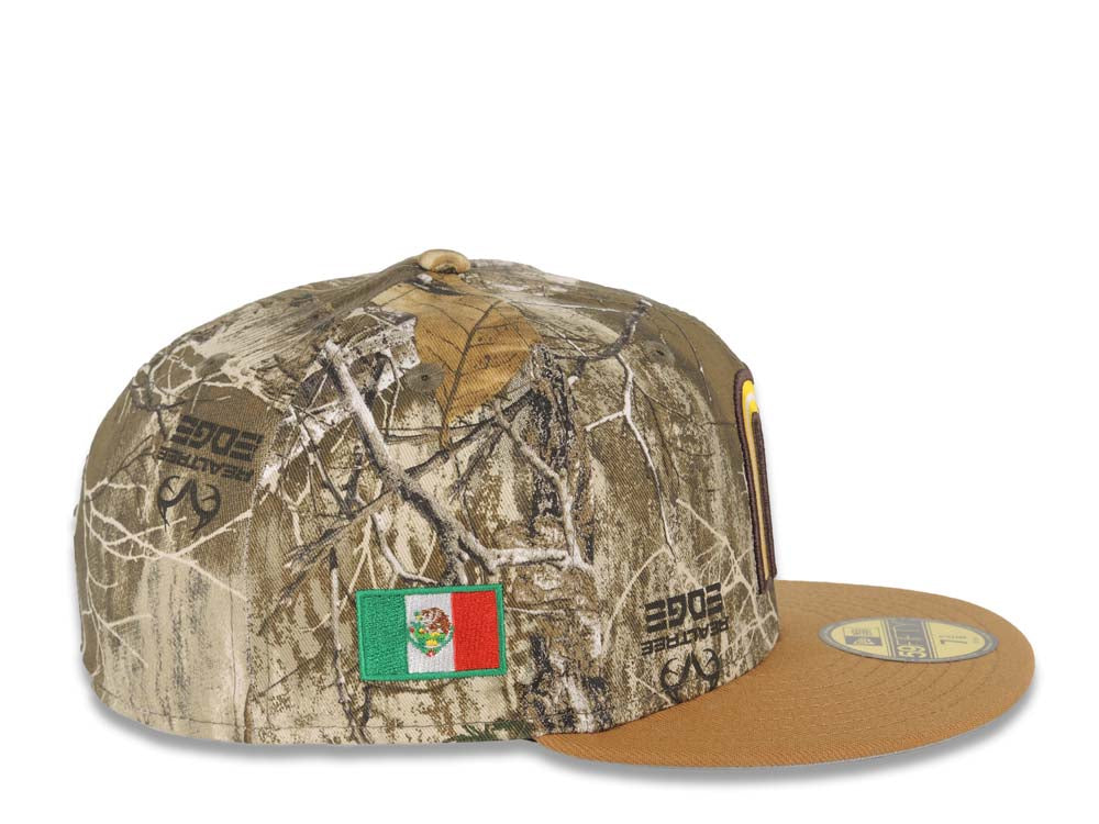 Mexico New Era 59FIFTY 5950 Fitted Cap Hat Real Tree Edge Camo Crown Light Brown Visor Yellow/White/Dark Brown Logo Mexico Flag Side Patch Gray