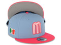 Mexico New Era 9FIFTY 950 Snapback Cap Hat Sky Blue Crown Magenta Visor White/Magenta Logo Mexico Flag Side Patch Gray UV