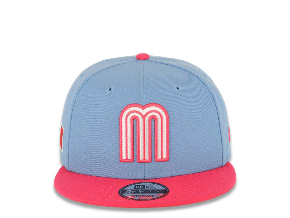 Mexico New Era 9FIFTY 950 Snapback Cap Hat Sky Blue Crown Magenta Visor White/Magenta Logo Mexico Flag Side Patch Gray UV