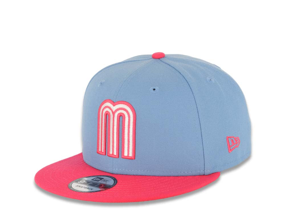Mexico New Era 9FIFTY 950 Snapback Cap Hat Sky Blue Crown Magenta Visor White/Magenta Logo Mexico Flag Side Patch Gray UV