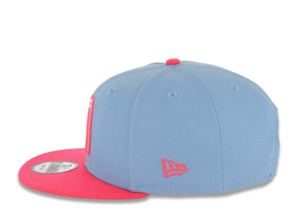 Mexico New Era 9FIFTY 950 Snapback Cap Hat Sky Blue Crown Magenta Visor White/Magenta Logo Mexico Flag Side Patch Gray UV