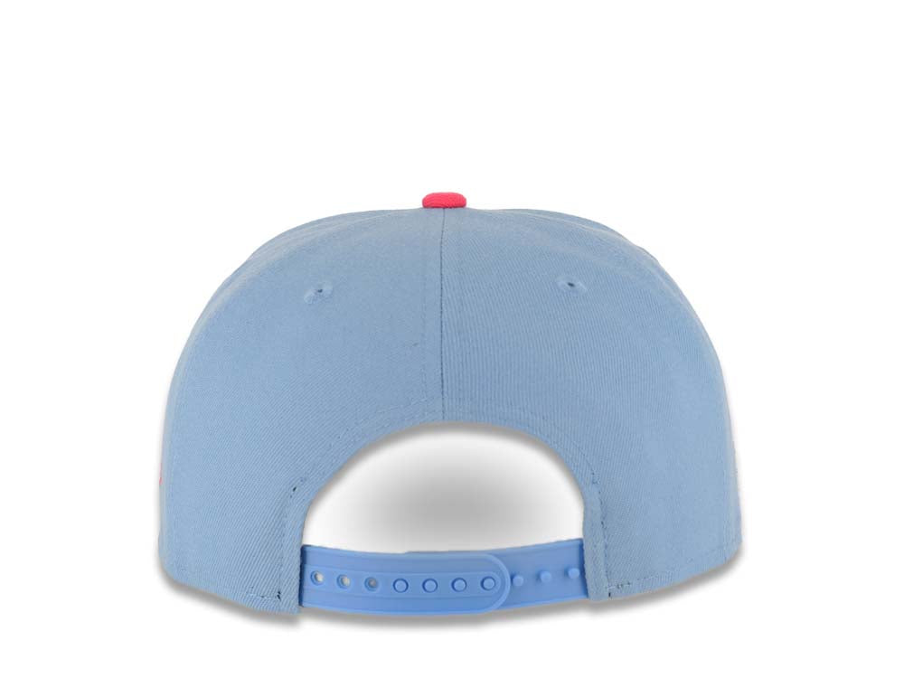 Mexico New Era 9FIFTY 950 Snapback Cap Hat Sky Blue Crown Magenta Visor White/Magenta Logo Mexico Flag Side Patch Gray UV