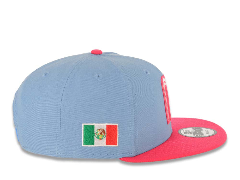 Mexico New Era 9FIFTY 950 Snapback Cap Hat Sky Blue Crown Magenta Visor White/Magenta Logo Mexico Flag Side Patch Gray UV
