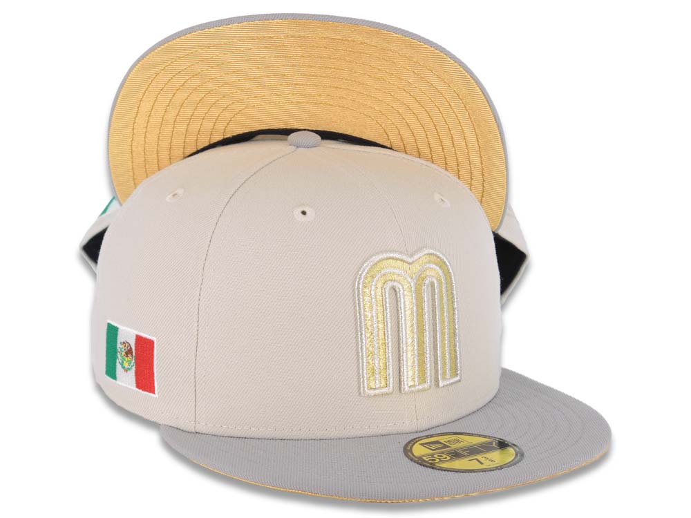Mexico New Era 59FIFTY 5950 Fitted Cap Hat Stone Crown Gray Visor Metallic Gold/Metallic Silver Logo Mexico Flag Side Patch Metallic Gold