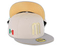 Mexico New Era 59FIFTY 5950 Fitted Cap Hat Stone Crown Gray Visor Metallic Gold/Metallic Silver Logo Mexico Flag Side Patch Metallic Gold