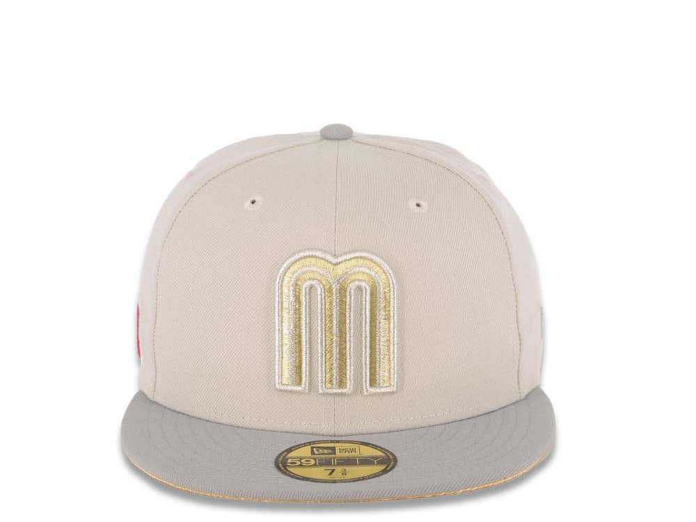 Mexico New Era 59FIFTY 5950 Fitted Cap Hat Stone Crown Gray Visor Metallic Gold/Metallic Silver Logo Mexico Flag Side Patch Metallic Gold