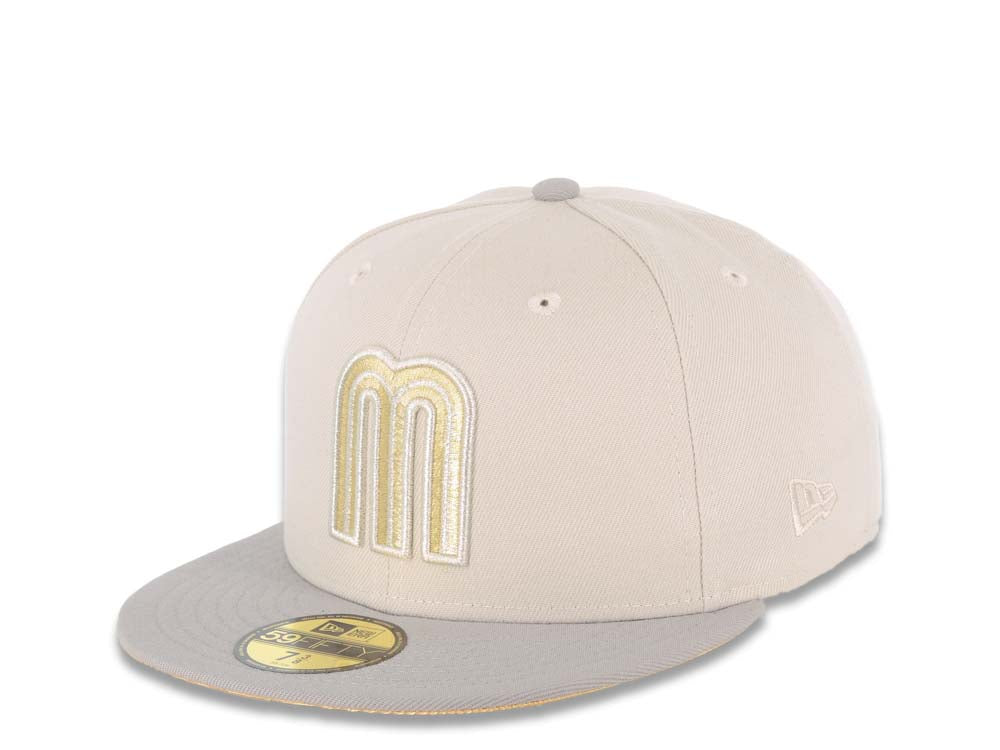 Mexico New Era 59FIFTY 5950 Fitted Cap Hat Stone Crown Gray Visor Metallic Gold/Metallic Silver Logo Mexico Flag Side Patch Metallic Gold