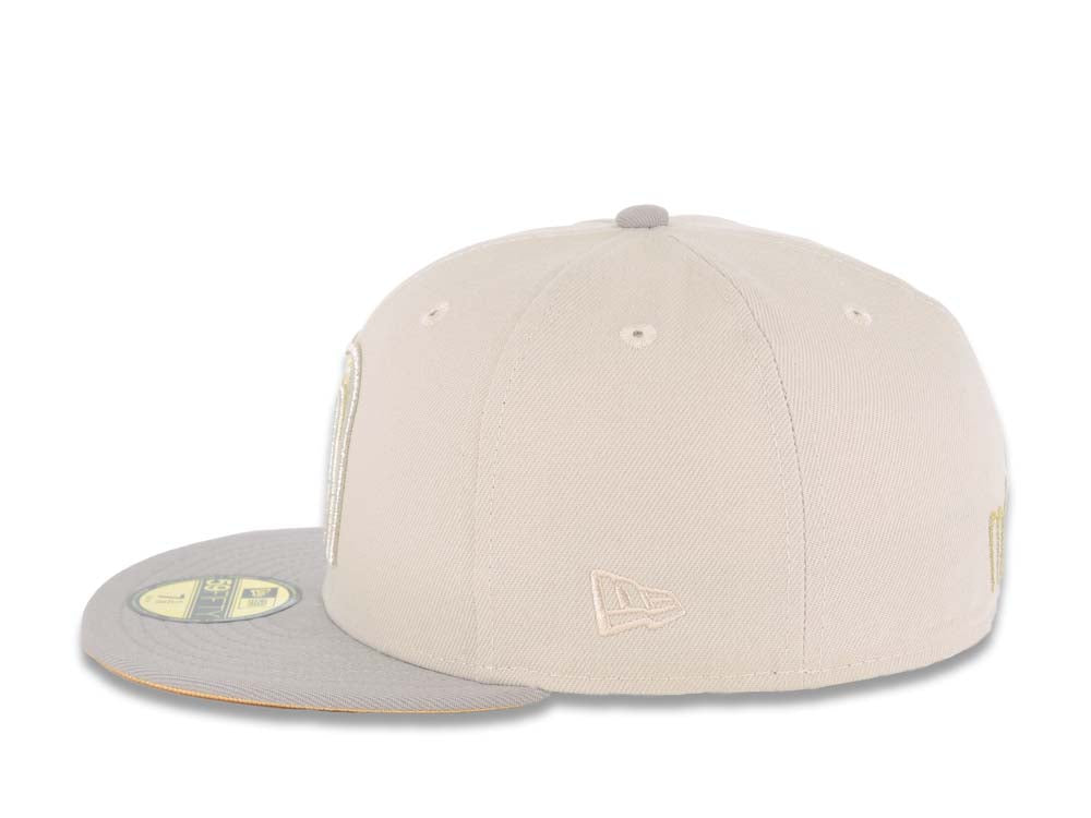Mexico New Era 59FIFTY 5950 Fitted Cap Hat Stone Crown Gray Visor Metallic Gold/Metallic Silver Logo Mexico Flag Side Patch Metallic Gold