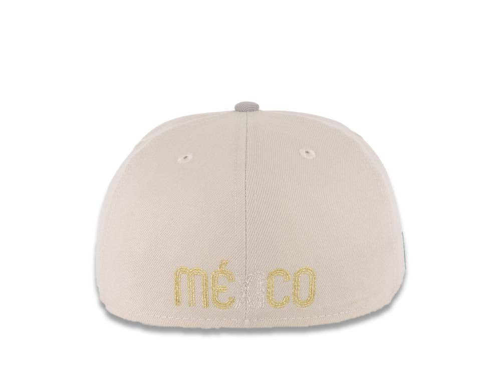 Mexico New Era 59FIFTY 5950 Fitted Cap Hat Stone Crown Gray Visor Metallic Gold/Metallic Silver Logo Mexico Flag Side Patch Metallic Gold