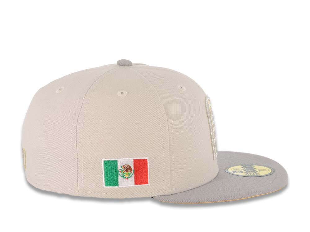 Mexico New Era 59FIFTY 5950 Fitted Cap Hat Stone Crown Gray Visor Metallic Gold/Metallic Silver Logo Mexico Flag Side Patch Metallic Gold