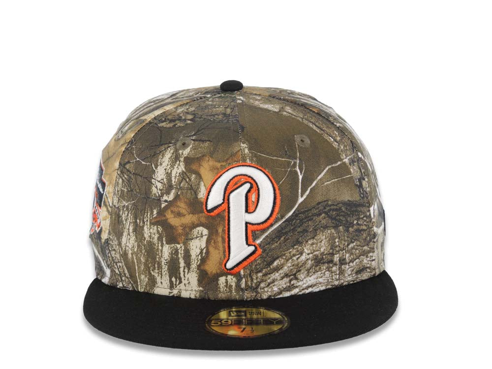 San Diego Padres New Era MLB 59FIFTY 5950 Fitted Cap Hat Real Tree Edge Camo Crown Black Visor White P Logo Jackie Robinson 50th Anniversary SidePatch