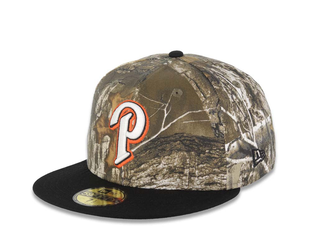 San Diego Padres New Era MLB 59FIFTY 5950 Fitted Cap Hat Real Tree Edge Camo Crown Black Visor White P Logo Jackie Robinson 50th Anniversary SidePatch