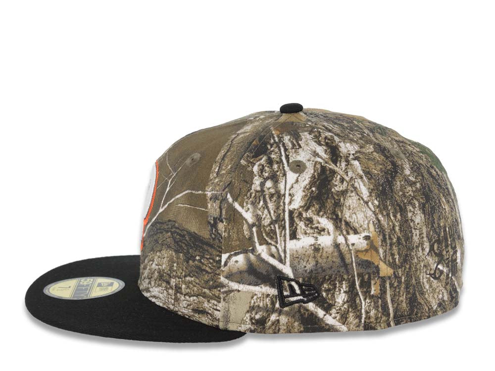 San Diego Padres New Era MLB 59FIFTY 5950 Fitted Cap Hat Real Tree Edge Camo Crown Black Visor White P Logo Jackie Robinson 50th Anniversary SidePatch