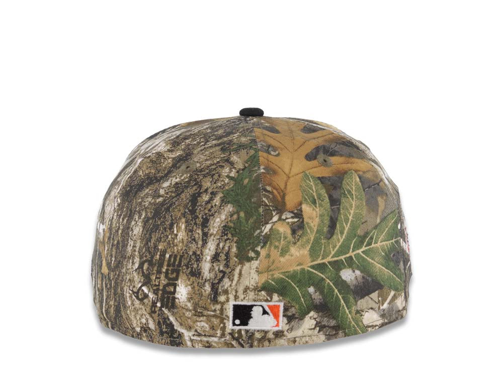 San Diego Padres New Era MLB 59FIFTY 5950 Fitted Cap Hat Real Tree Edge Camo Crown Black Visor White P Logo Jackie Robinson 50th Anniversary SidePatch